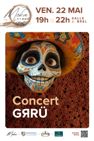 Affiche avec une tête de mort déguisée et maquillée et ensemble d'écritures reprenant les informations du Concert Grru